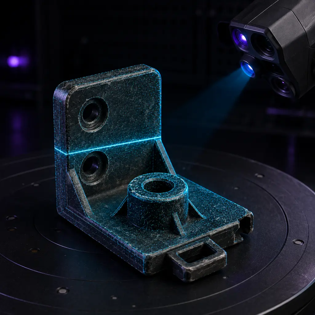 A damaged bracket being captured by a 3D scanner as a point cloud forms
