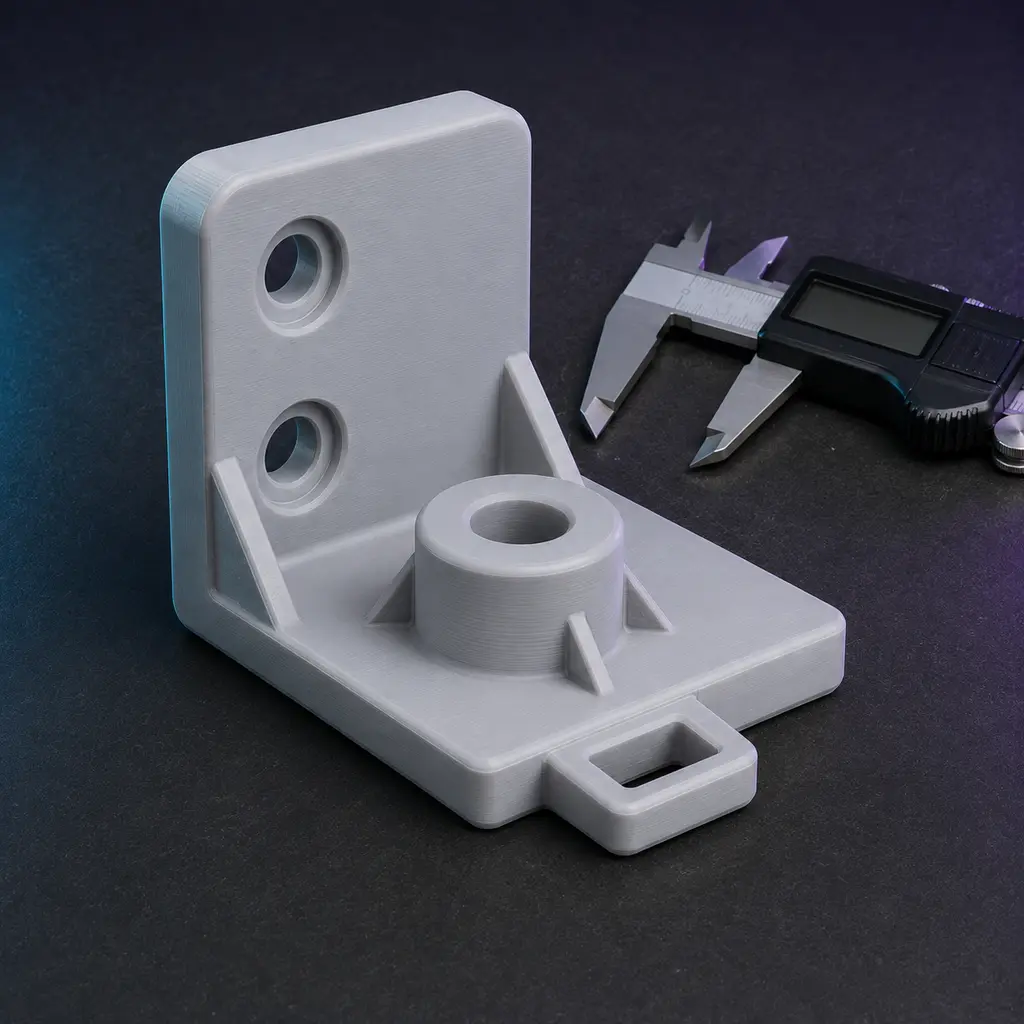 A light grey 3D-printed bracket prototype being checked with digital calipers