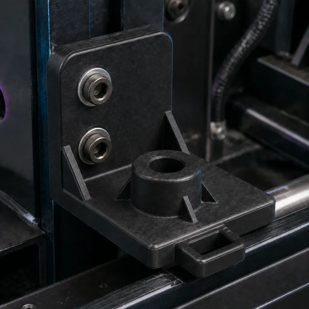 A finished carbon-fibre reinforced polymer bracket installed on machinery