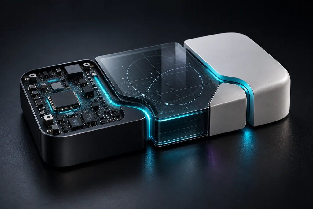 Concept illustration connecting electronic circuitry, digital design and a finished product