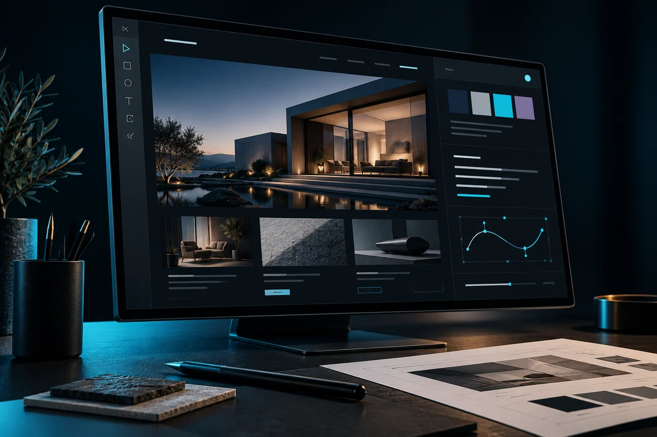 Design concept showing a website, visual identity and image editing brought together on one screen