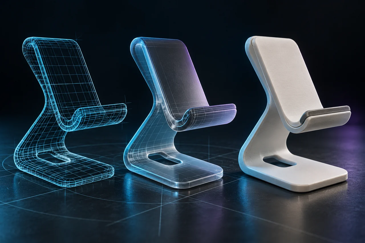 Concept illustration of a phone stand progressing from wireframe to CAD model to a finished 3D-printed form