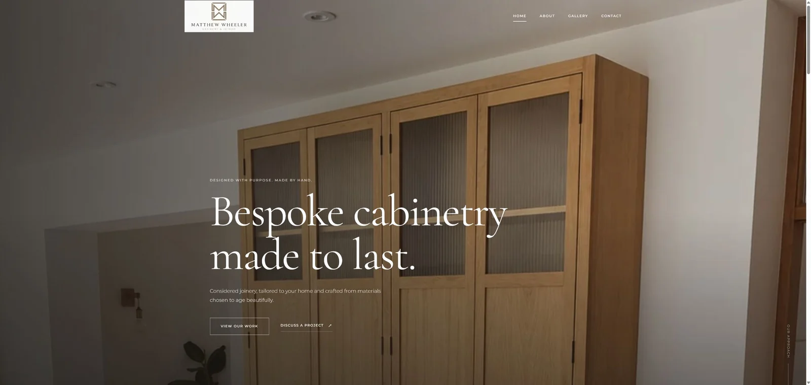 Bespoke Wheeler homepage with bespoke oak cabinetry and understated typography