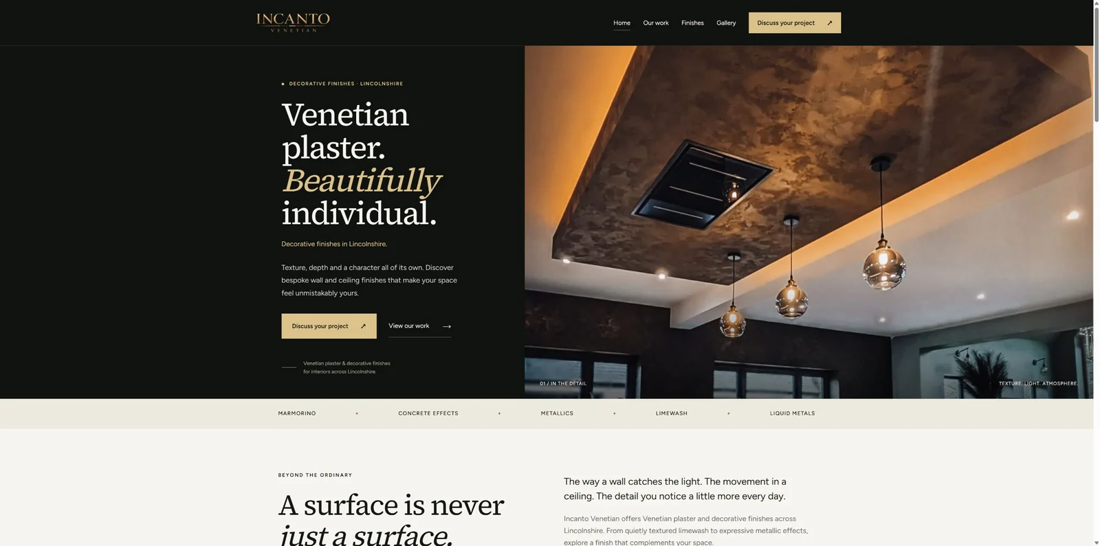 Incanto Venetian homepage with gold typography and a textured Venetian plaster ceiling